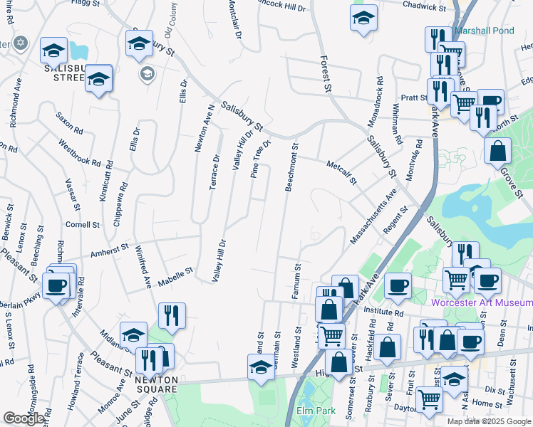 map of restaurants, bars, coffee shops, grocery stores, and more near 29 Sun Valley Drive in Worcester