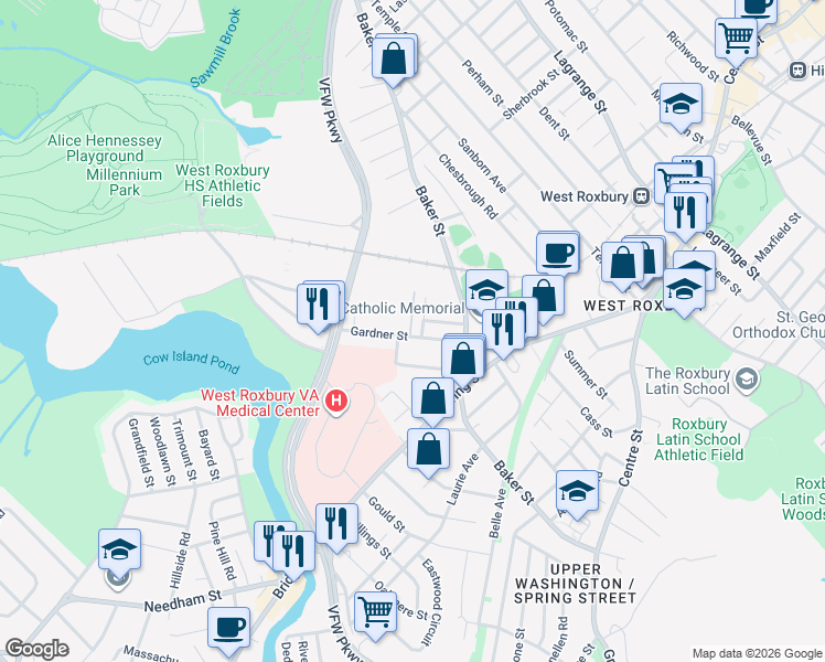 map of restaurants, bars, coffee shops, grocery stores, and more near 85 Gardner Street in Boston