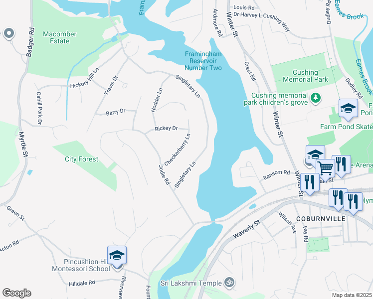 map of restaurants, bars, coffee shops, grocery stores, and more near 60 Checkerberry Lane in Framingham