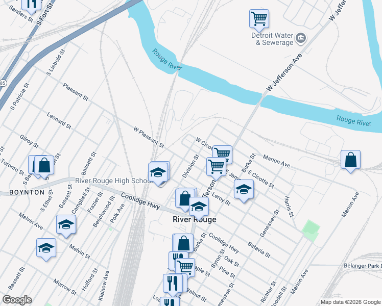 map of restaurants, bars, coffee shops, grocery stores, and more near 125 Charles Street in River Rouge