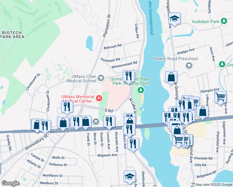map of restaurants, bars, coffee shops, grocery stores, and more near 55 North Lake Avenue in Worcester