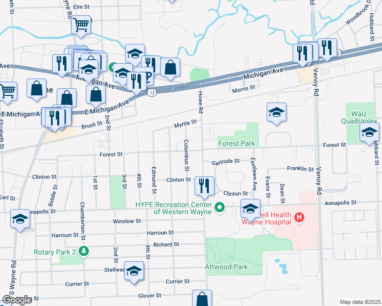 map of restaurants, bars, coffee shops, grocery stores, and more near 4106 Howe Road in Wayne