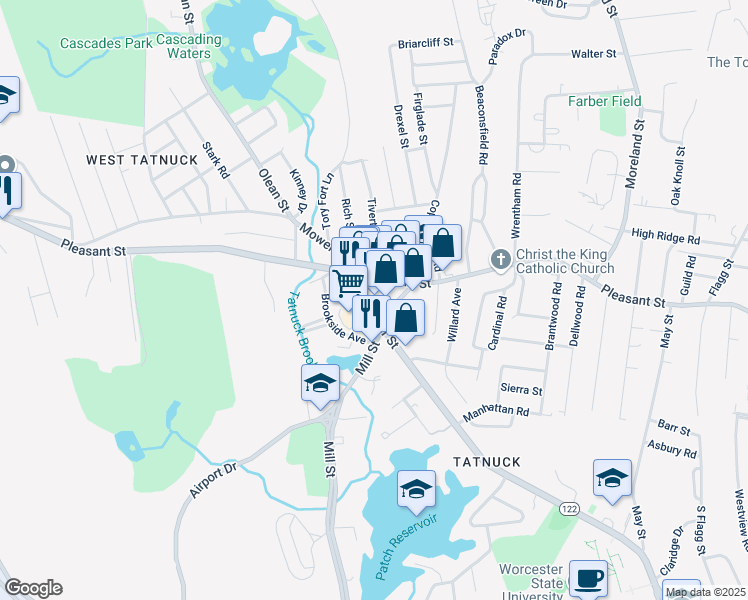 map of restaurants, bars, coffee shops, grocery stores, and more near 643 Chandler Street in Worcester