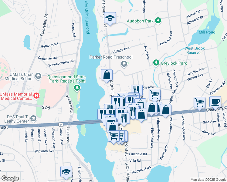 map of restaurants, bars, coffee shops, grocery stores, and more near 46 North Quinsigamond Avenue in Shrewsbury