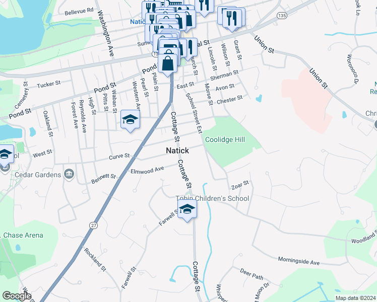 map of restaurants, bars, coffee shops, grocery stores, and more near 3 Madison Street in Natick