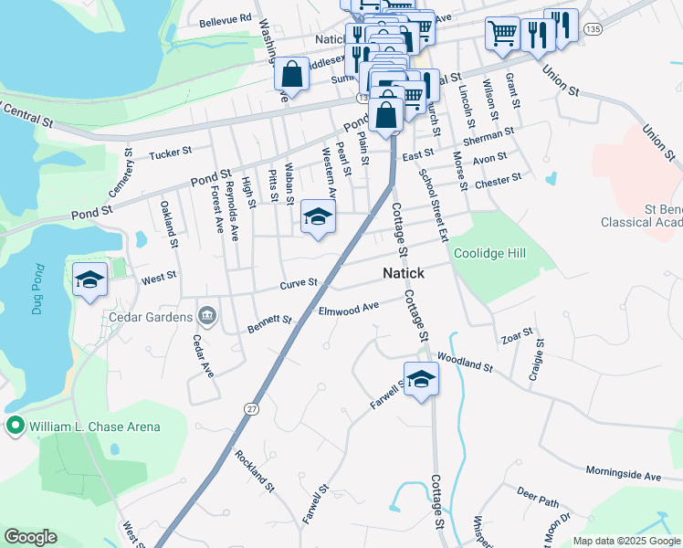 map of restaurants, bars, coffee shops, grocery stores, and more near 24 Walcott Street in Natick