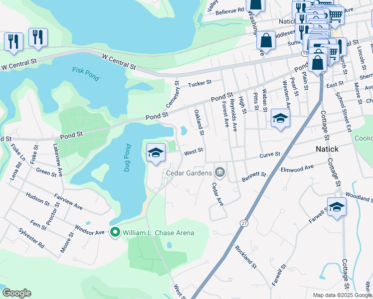 map of restaurants, bars, coffee shops, grocery stores, and more near 13 West Street in Natick