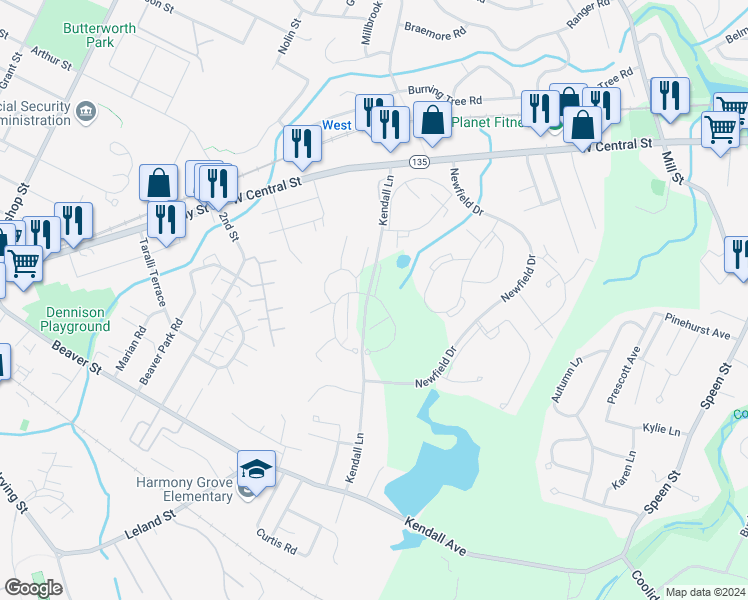 map of restaurants, bars, coffee shops, grocery stores, and more near 44 Village Brook Lane in Natick