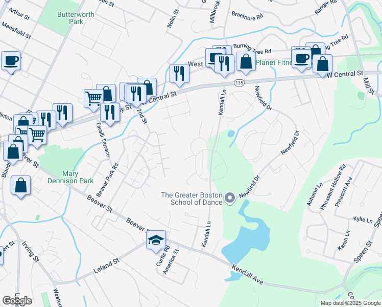 map of restaurants, bars, coffee shops, grocery stores, and more near 23 Village Rock Lane in Natick