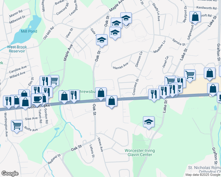 map of restaurants, bars, coffee shops, grocery stores, and more near 22 Williamsburg Court in Shrewsbury
