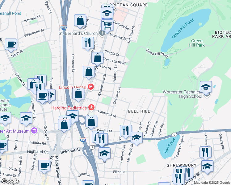 map of restaurants, bars, coffee shops, grocery stores, and more near 46 Channing Street in Worcester