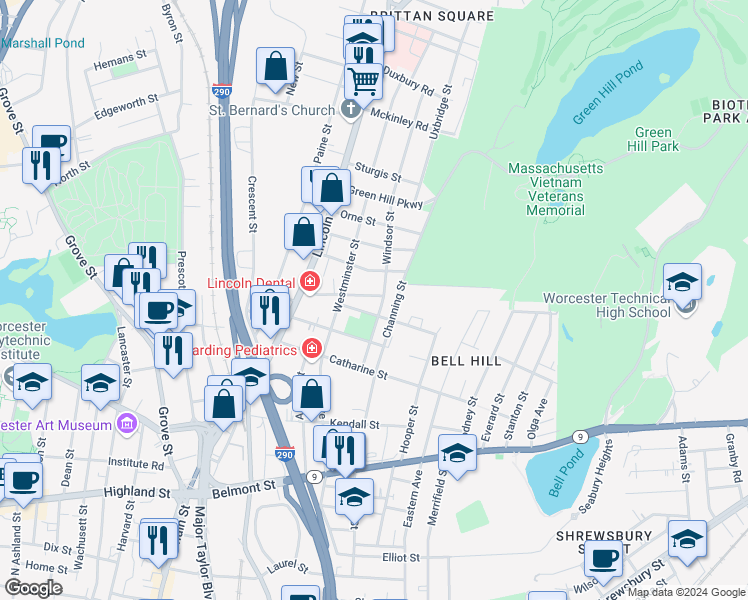 map of restaurants, bars, coffee shops, grocery stores, and more near 15 Windsor Street in Worcester