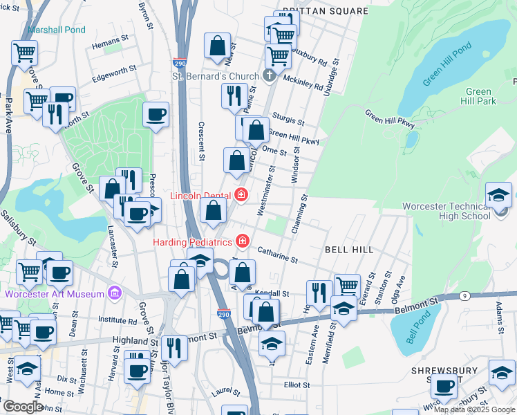 map of restaurants, bars, coffee shops, grocery stores, and more near 21 Westminster Street in Worcester