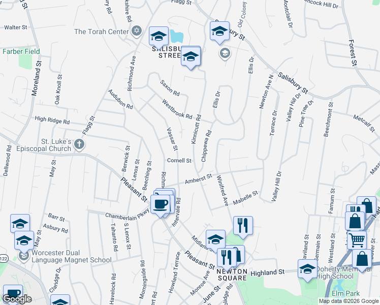 map of restaurants, bars, coffee shops, grocery stores, and more near 29 Kinnicutt Road in Worcester