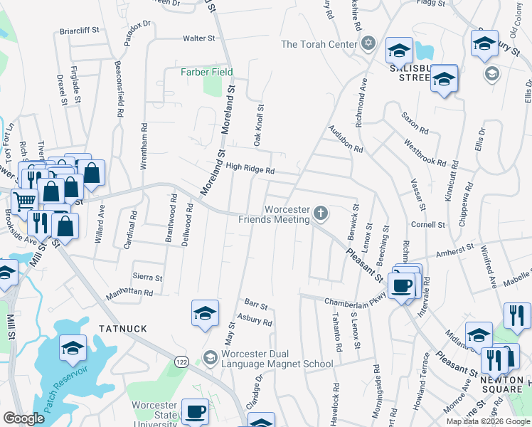 map of restaurants, bars, coffee shops, grocery stores, and more near 931 Pleasant Street in Worcester