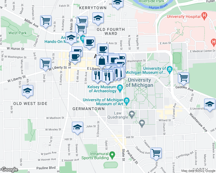 map of restaurants, bars, coffee shops, grocery stores, and more near 408 Thompson Street in Ann Arbor