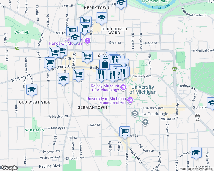 map of restaurants, bars, coffee shops, grocery stores, and more near in Ann Arbor