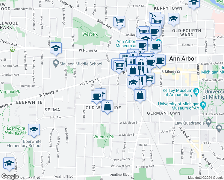 map of restaurants, bars, coffee shops, grocery stores, and more near 414 2nd Street in Ann Arbor