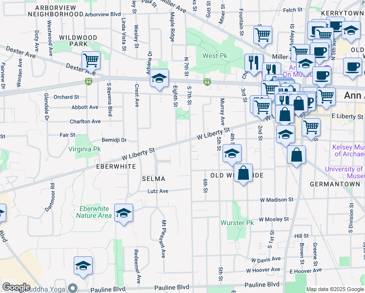 map of restaurants, bars, coffee shops, grocery stores, and more near 403 South 7th Street in Ann Arbor