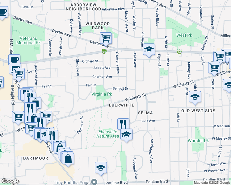 map of restaurants, bars, coffee shops, grocery stores, and more near 531 Ventura Court in Ann Arbor