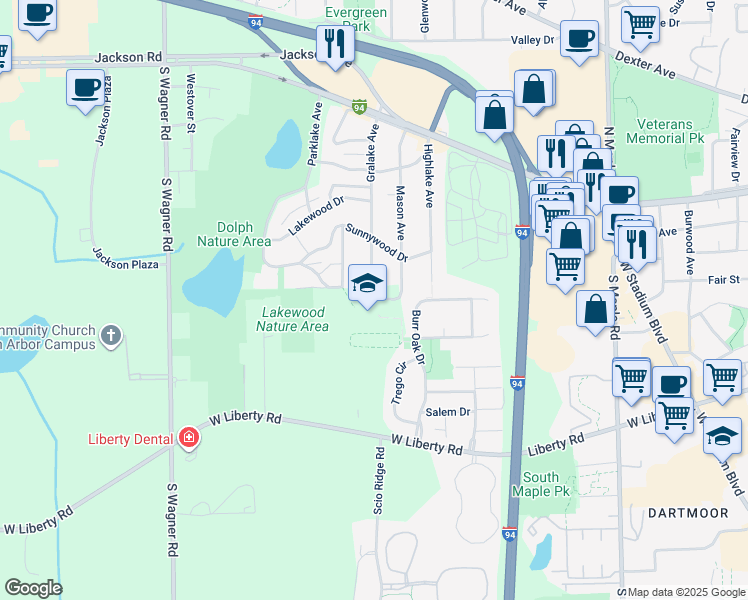 map of restaurants, bars, coffee shops, grocery stores, and more near 341 Gralake Avenue in Ann Arbor