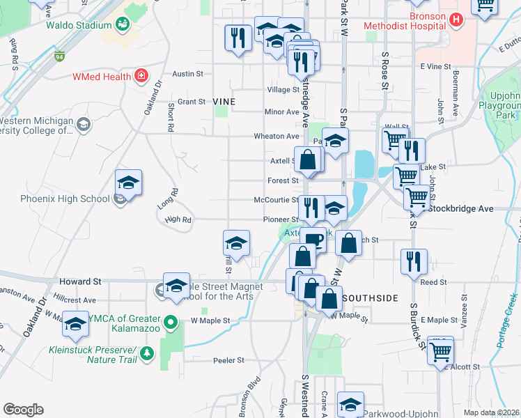 map of restaurants, bars, coffee shops, grocery stores, and more near 719 McCourtie Street in Kalamazoo