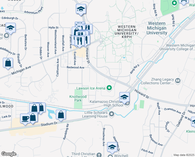 map of restaurants, bars, coffee shops, grocery stores, and more near 1328 Knollwood Avenue in Kalamazoo