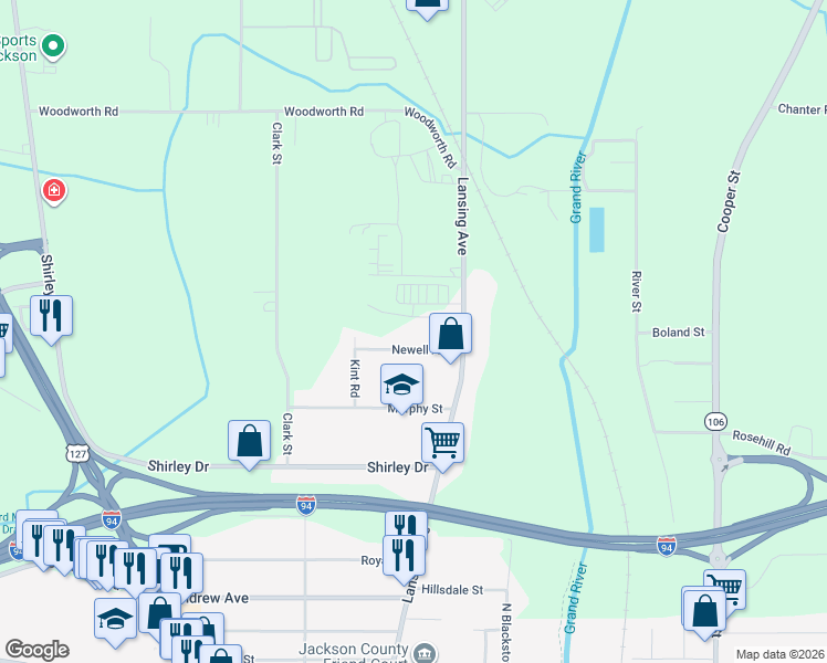 map of restaurants, bars, coffee shops, grocery stores, and more near 528 Newell Avenue in Jackson
