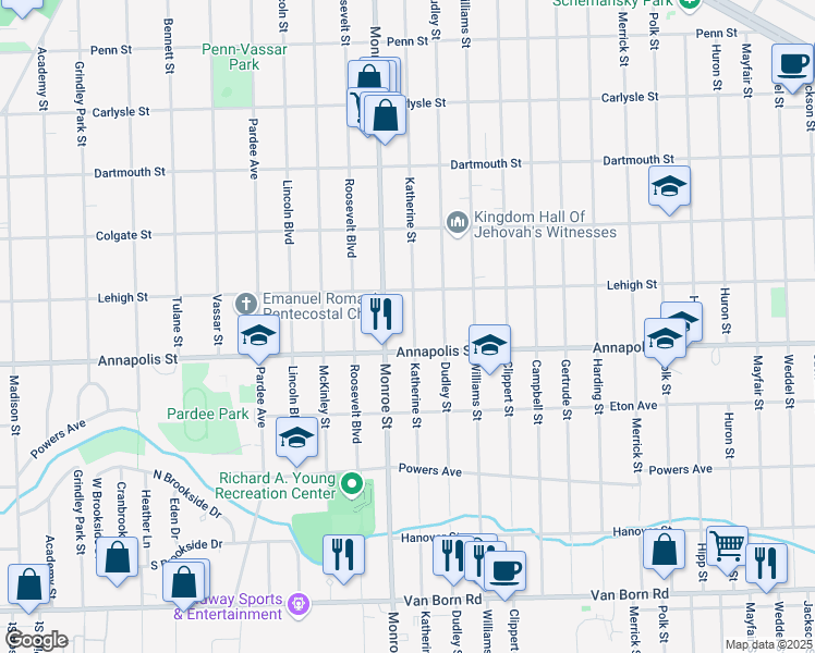map of restaurants, bars, coffee shops, grocery stores, and more near 4472 Katherine Street in Dearborn Heights