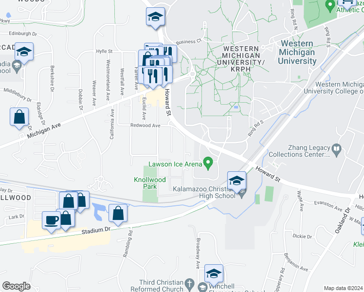 map of restaurants, bars, coffee shops, grocery stores, and more near 1330 Knollwood Avenue in Kalamazoo