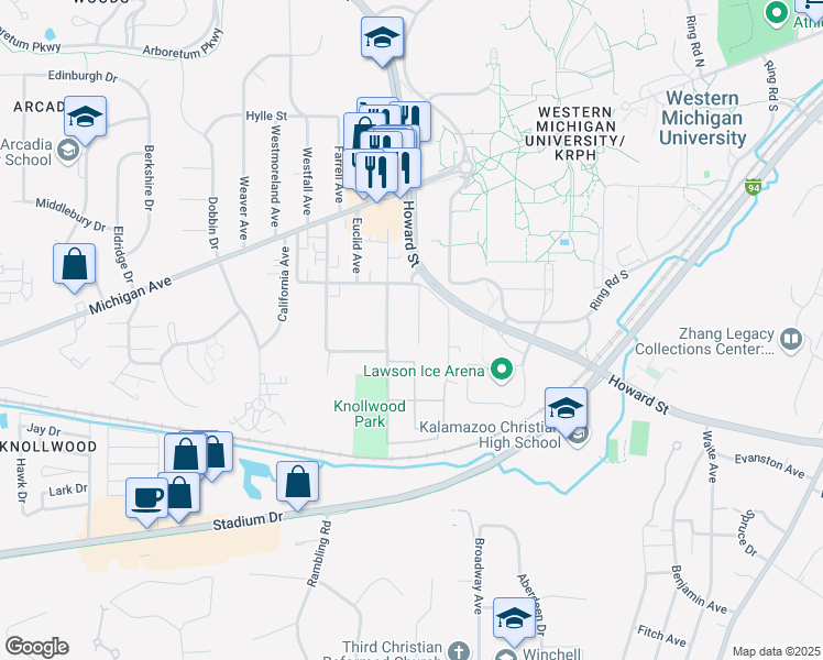 map of restaurants, bars, coffee shops, grocery stores, and more near 1332 Sutherland Avenue in Kalamazoo