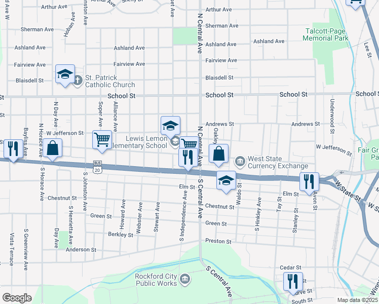 map of restaurants, bars, coffee shops, grocery stores, and more near 208 North Central Avenue in Rockford
