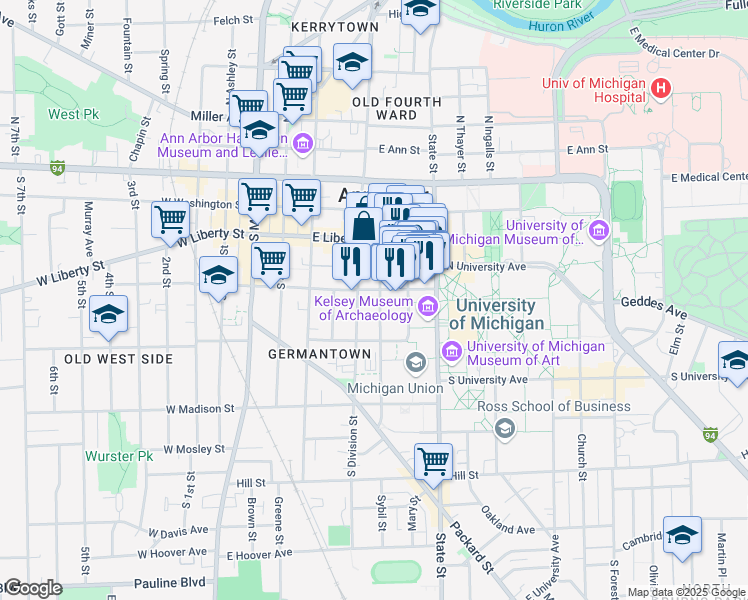 map of restaurants, bars, coffee shops, grocery stores, and more near 408 Thompson Street in Ann Arbor