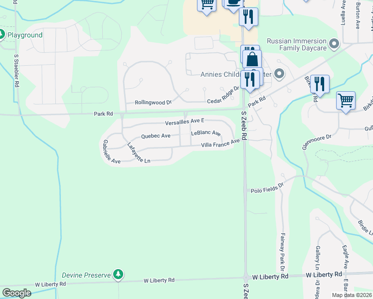 map of restaurants, bars, coffee shops, grocery stores, and more near 5803 Villa France Avenue in Ann Arbor