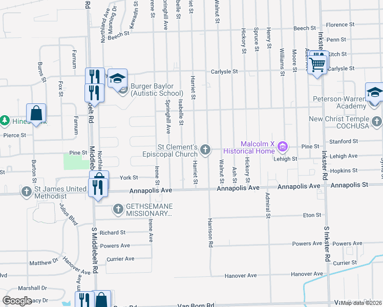 map of restaurants, bars, coffee shops, grocery stores, and more near 4310 Harriet Street in Inkster