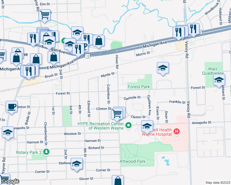 map of restaurants, bars, coffee shops, grocery stores, and more near 4106 Howe Rd in Wayne