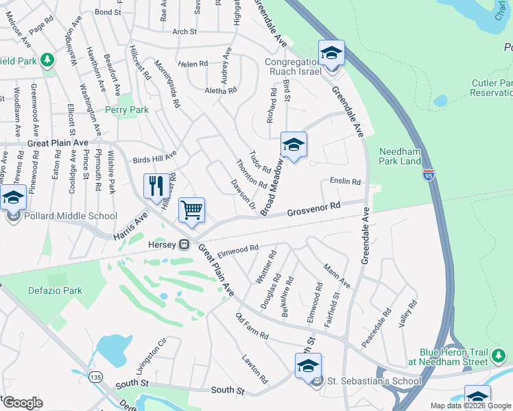map of restaurants, bars, coffee shops, grocery stores, and more near 15 Dawson Drive in Needham