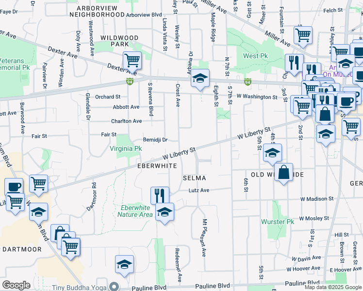 map of restaurants, bars, coffee shops, grocery stores, and more near 327 Crest Avenue in Ann Arbor