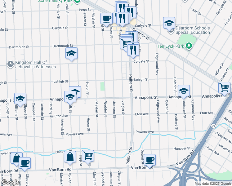 map of restaurants, bars, coffee shops, grocery stores, and more near 4491 Jackson Street in Dearborn Heights