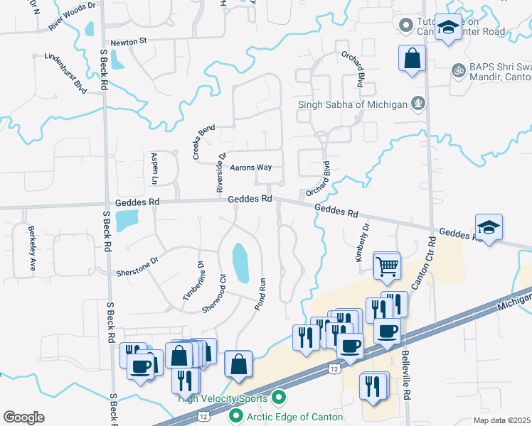 map of restaurants, bars, coffee shops, grocery stores, and more near 4001 Pond Run Ct in Canton