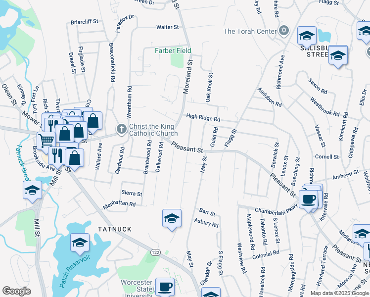 map of restaurants, bars, coffee shops, grocery stores, and more near Pleasant Street in Worcester