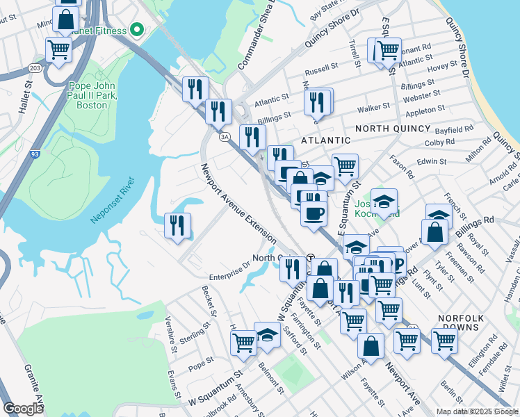 map of restaurants, bars, coffee shops, grocery stores, and more near 128 Newport Avenue in Quincy