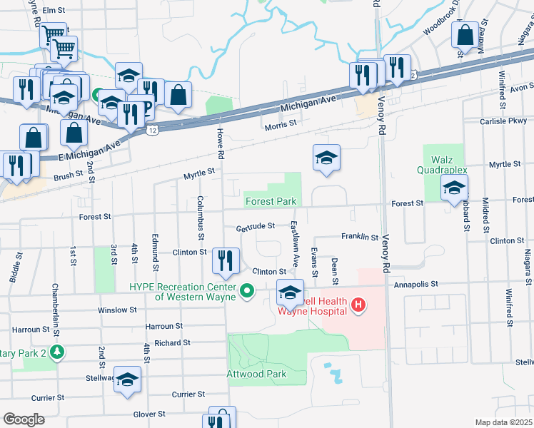 map of restaurants, bars, coffee shops, grocery stores, and more near 33561 Forest Street in Wayne