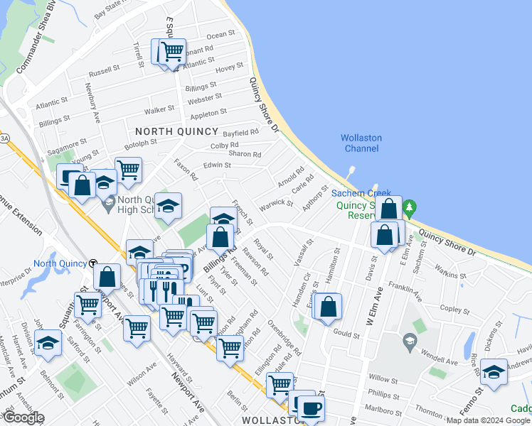 map of restaurants, bars, coffee shops, grocery stores, and more near 58 Marshall Street in Quincy
