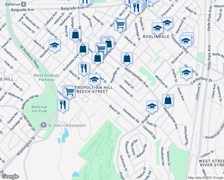 map of restaurants, bars, coffee shops, grocery stores, and more near 128 Cornell Street in Boston