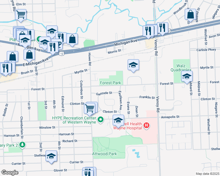 map of restaurants, bars, coffee shops, grocery stores, and more near 33561 Forest St in Wayne