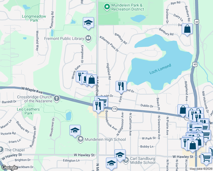 map of restaurants, bars, coffee shops, grocery stores, and more near 933 Highland Road in Mundelein