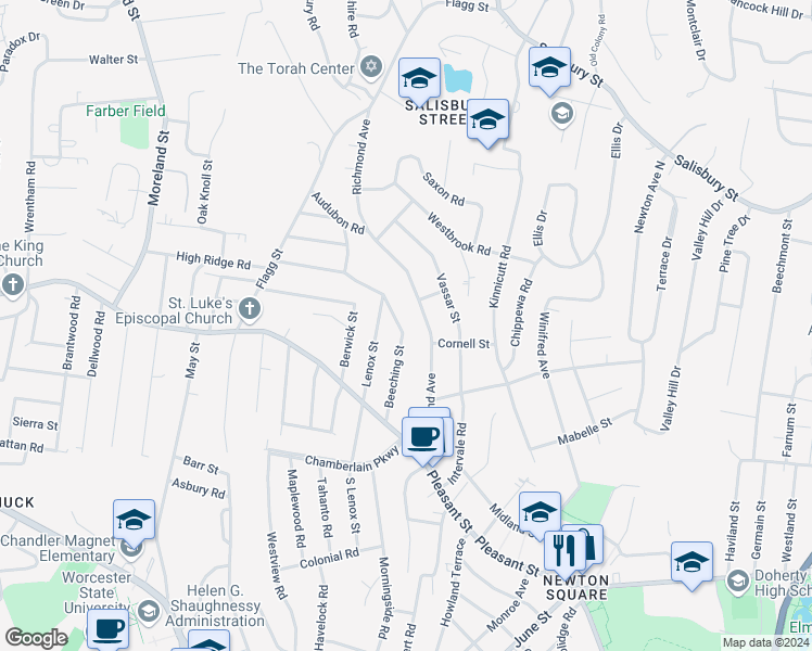 map of restaurants, bars, coffee shops, grocery stores, and more near 42 Beeching Street in Worcester
