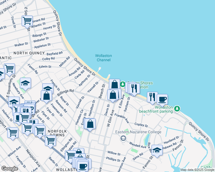 map of restaurants, bars, coffee shops, grocery stores, and more near 160 Bromfield Street in Quincy