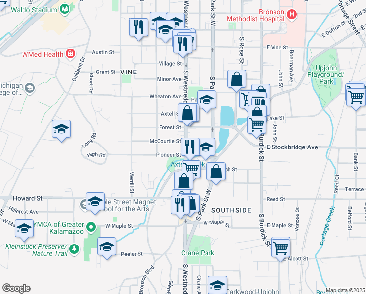 map of restaurants, bars, coffee shops, grocery stores, and more near 1410 South Westnedge Avenue in Kalamazoo